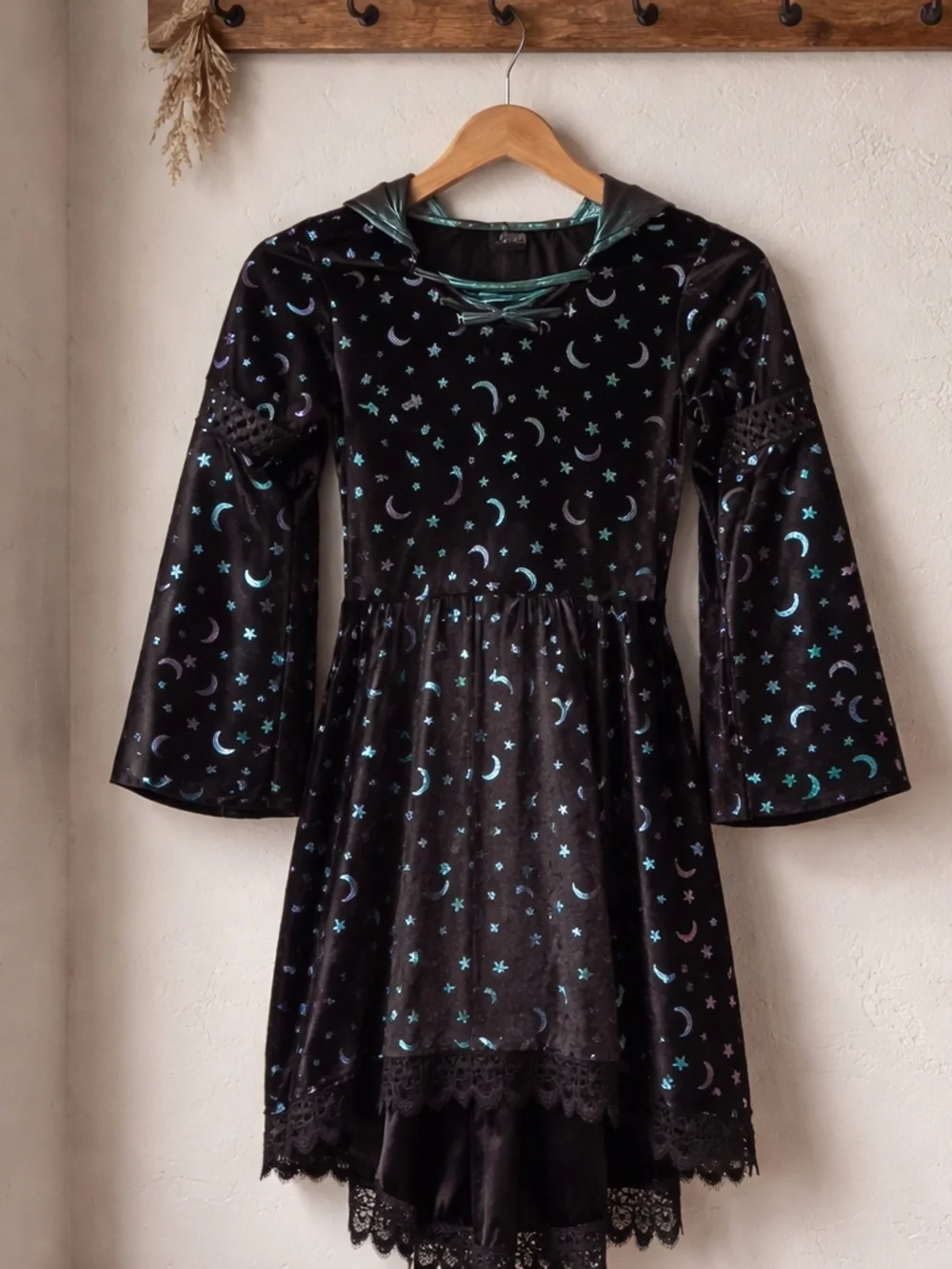 Spirit Black Velvet Moon & Stars Hooded Witch Dress Costume - Picture 3 of 8